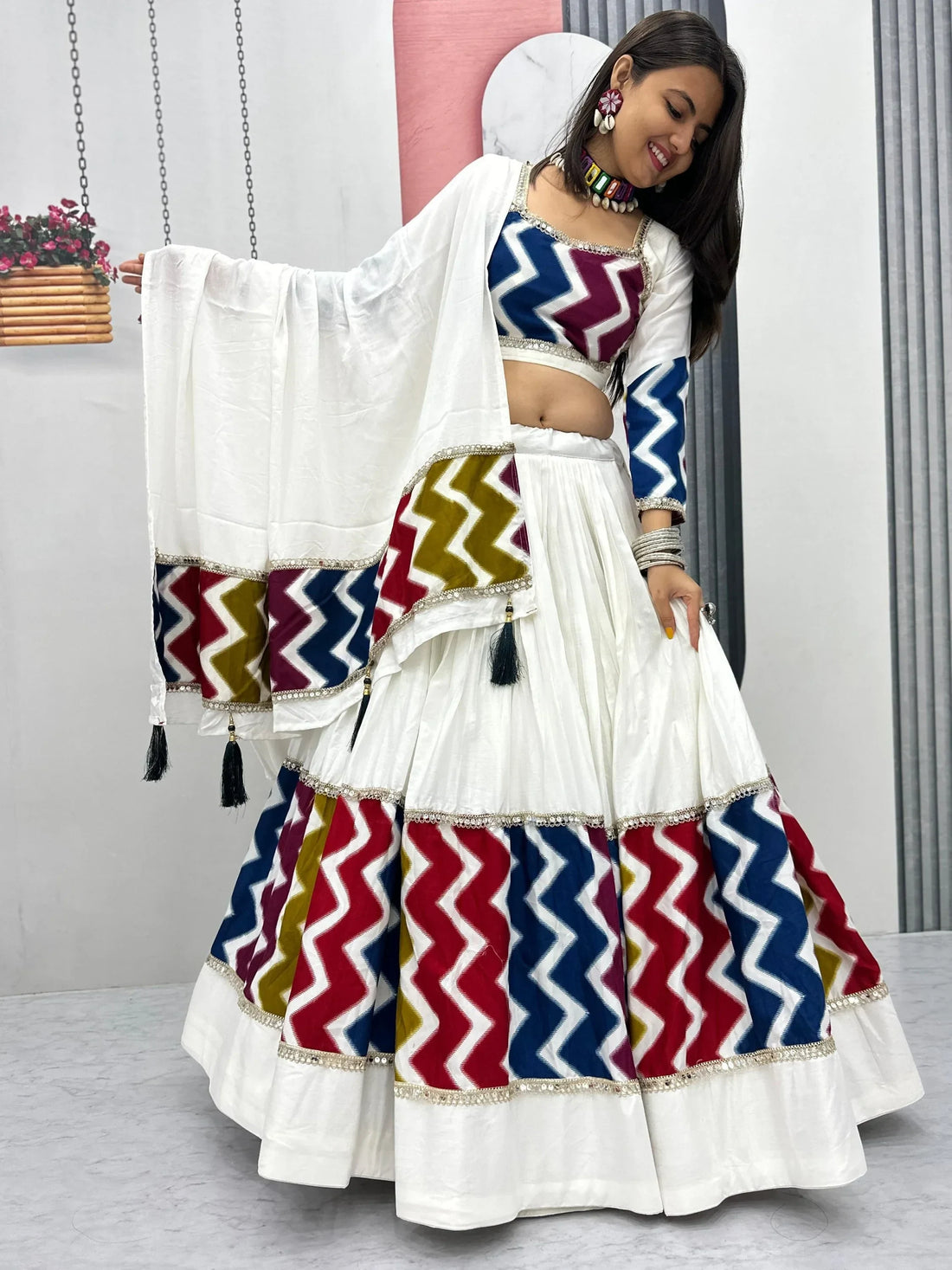 Brilliant White Cotton Printed Festive Special Lehenga Choli With Dupatta