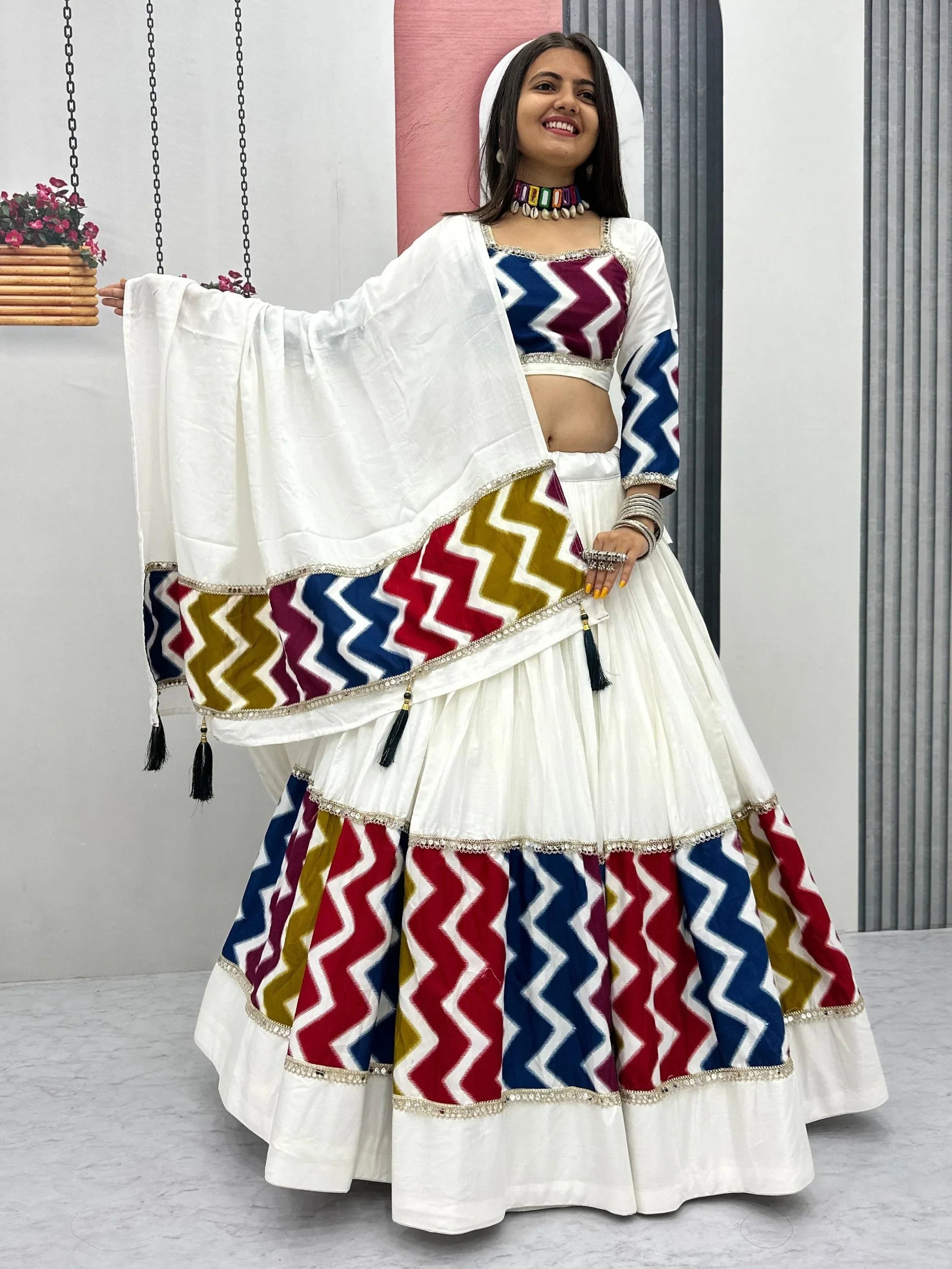 Brilliant White Cotton Printed Festive Special Lehenga Choli With Dupatta