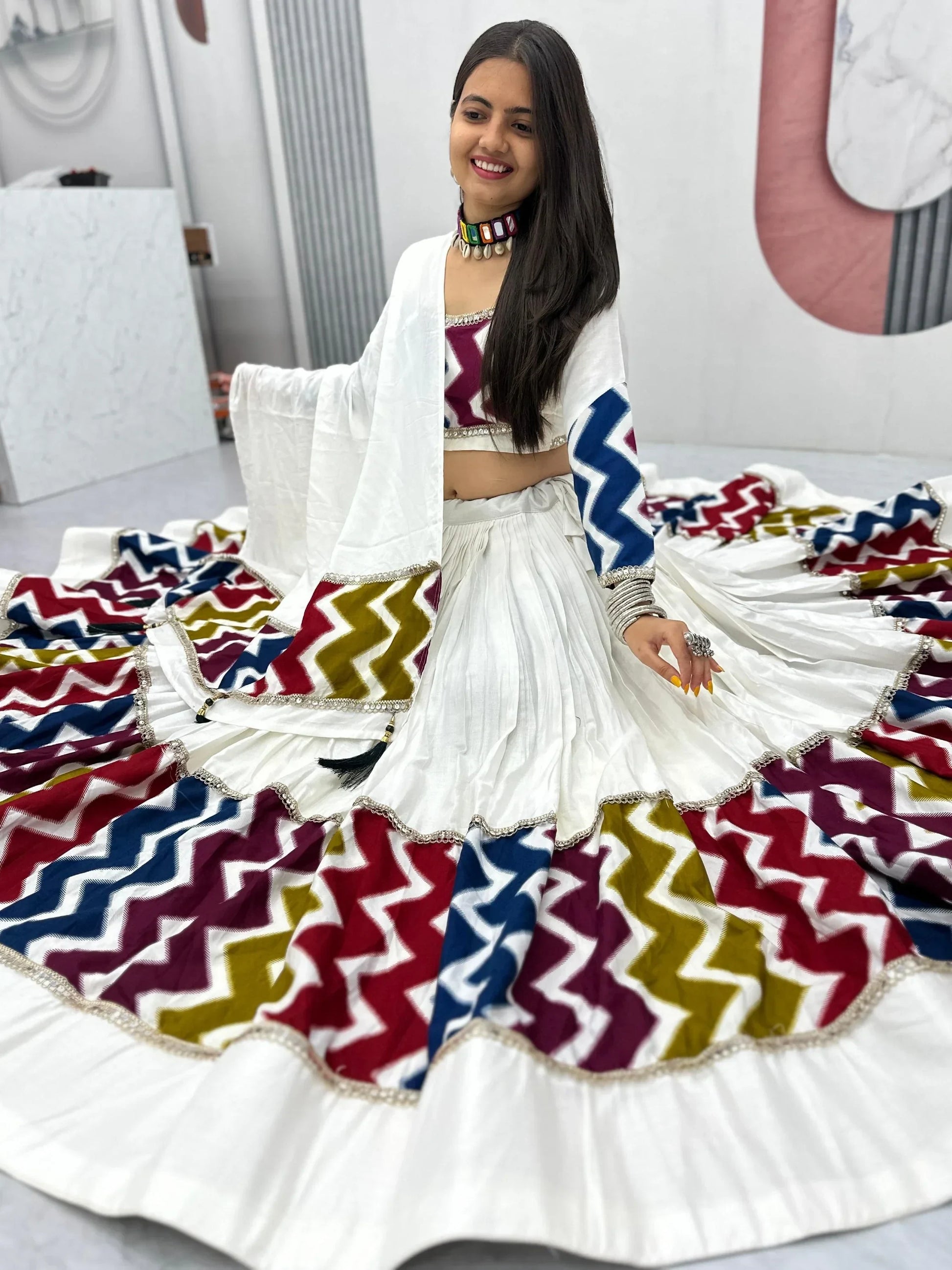 Brilliant White Cotton Printed Festive Special Lehenga Choli With Dupatta