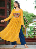 Brilliant Yellow Gamthi Work Georgette Navratri Wear Long Kurti - Zeel Clothing
