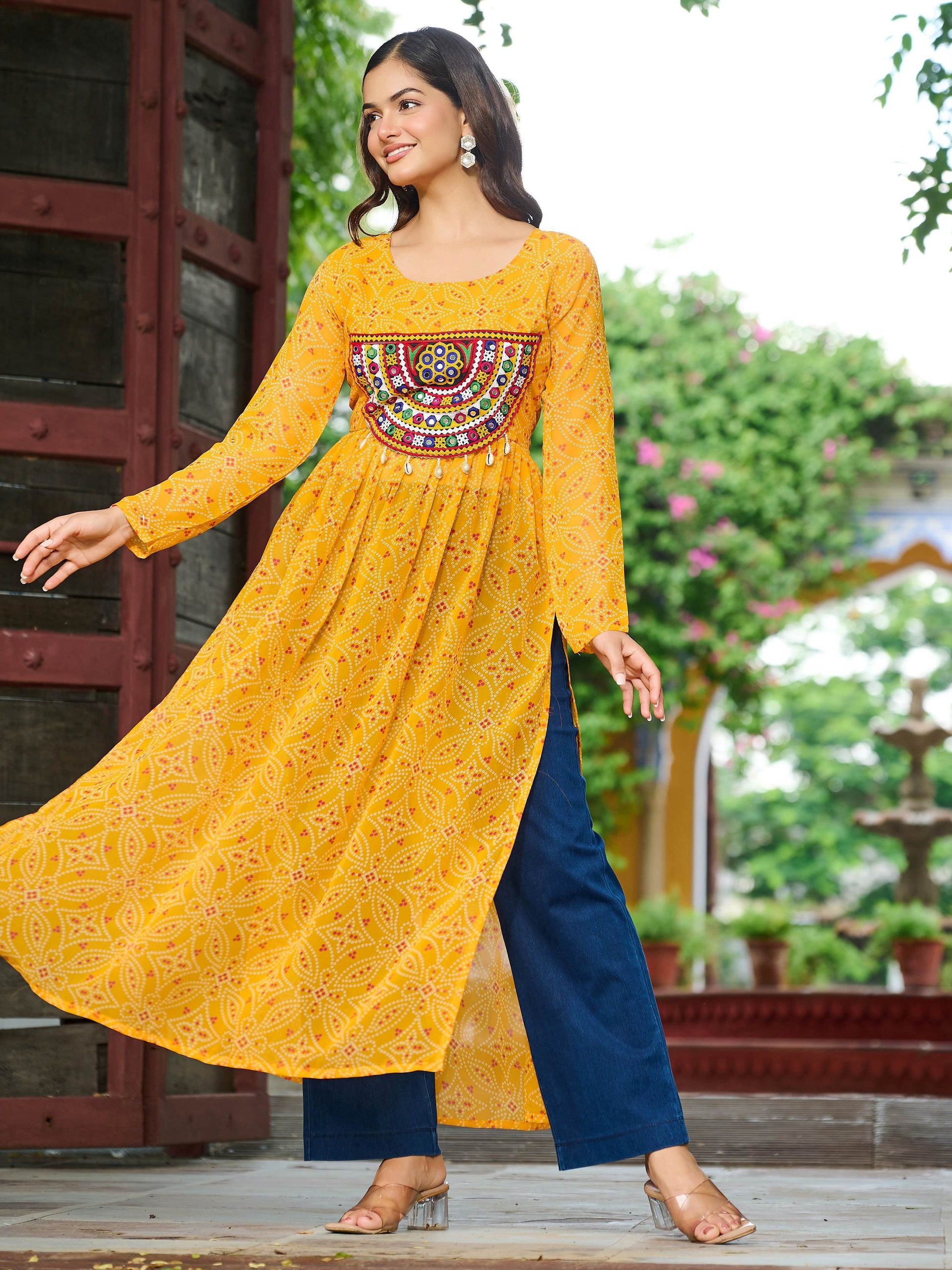 Brilliant Yellow Gamthi Work Georgette Navratri Wear Long Kurti - Zeel Clothing