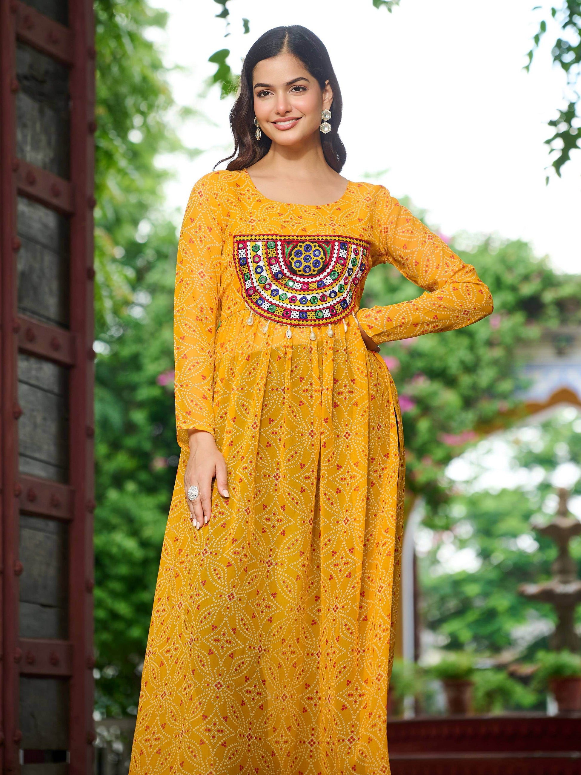 Brilliant Yellow Gamthi Work Georgette Navratri Wear Long Kurti - Zeel Clothing