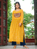 Brilliant Yellow Gamthi Work Georgette Navratri Wear Long Kurti - Zeel Clothing