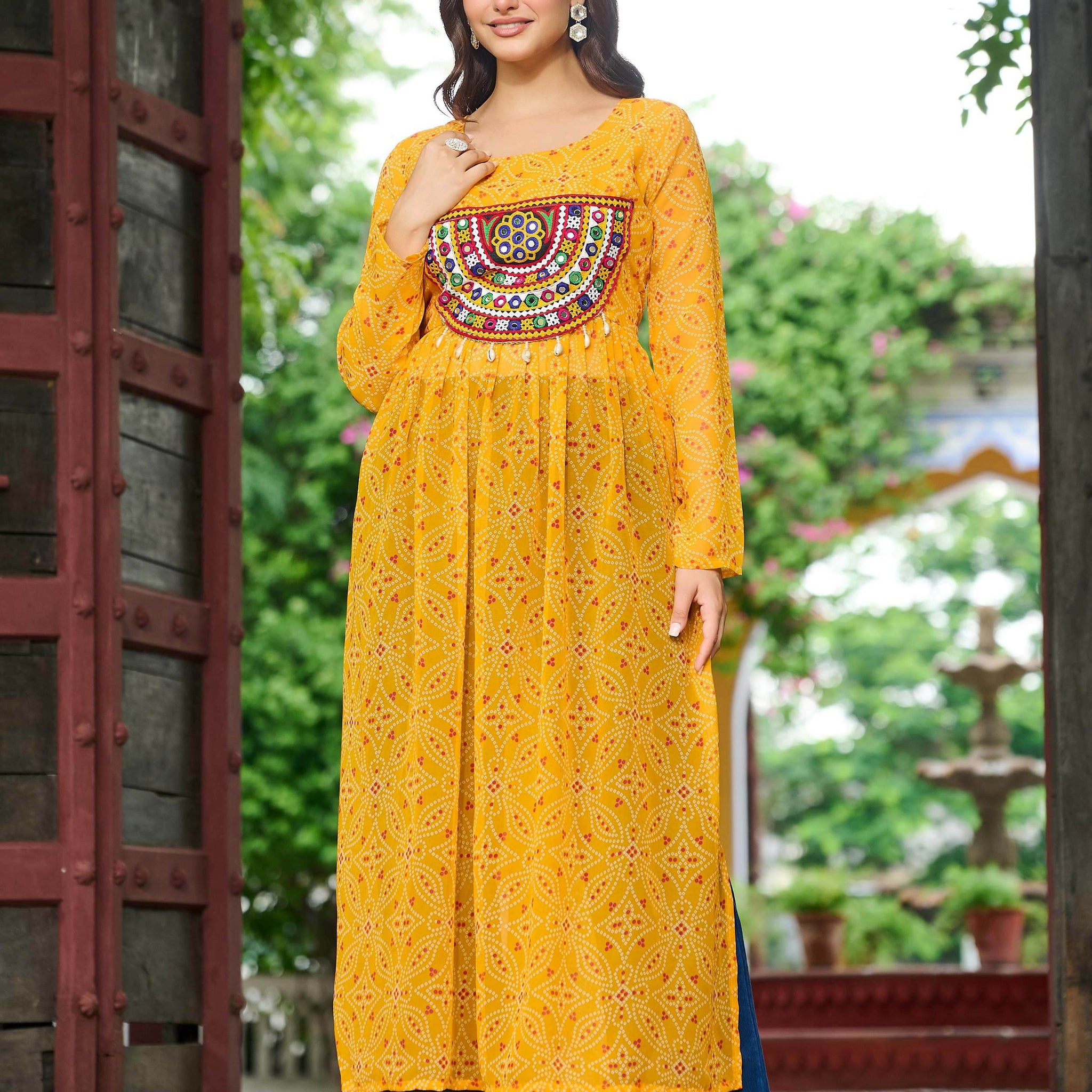 Brilliant Yellow Gamthi Work Georgette Navratri Wear Long Kurti - Zeel Clothing