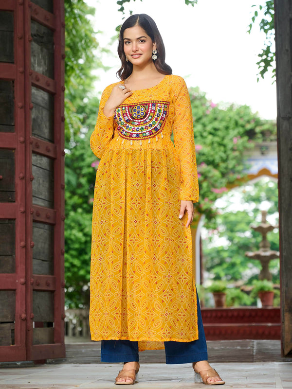 Brilliant Yellow Gamthi Work Georgette Navratri Wear Long Kurti - Zeel Clothing