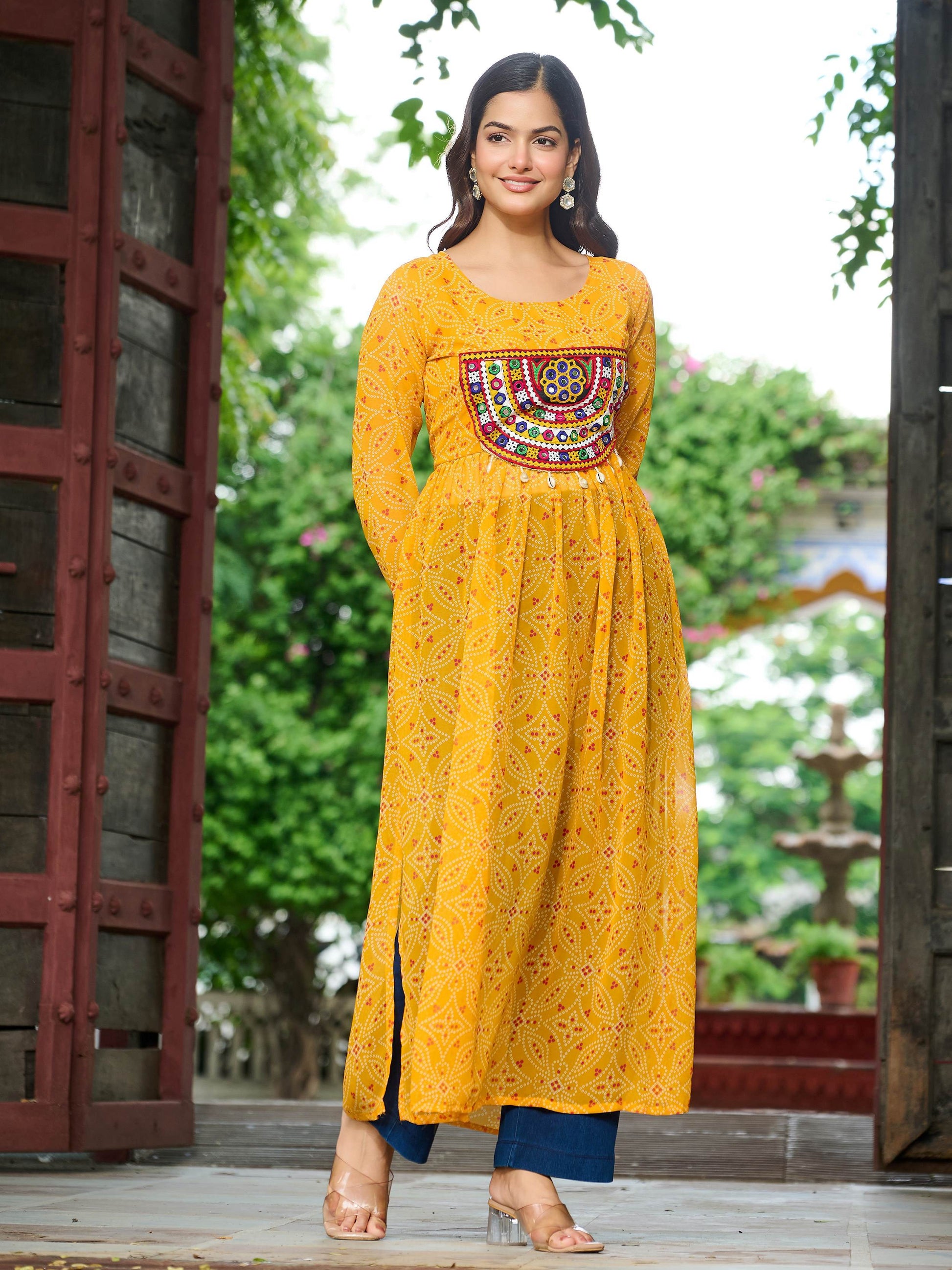 Brilliant Yellow Gamthi Work Georgette Navratri Wear Long Kurti - Zeel Clothing