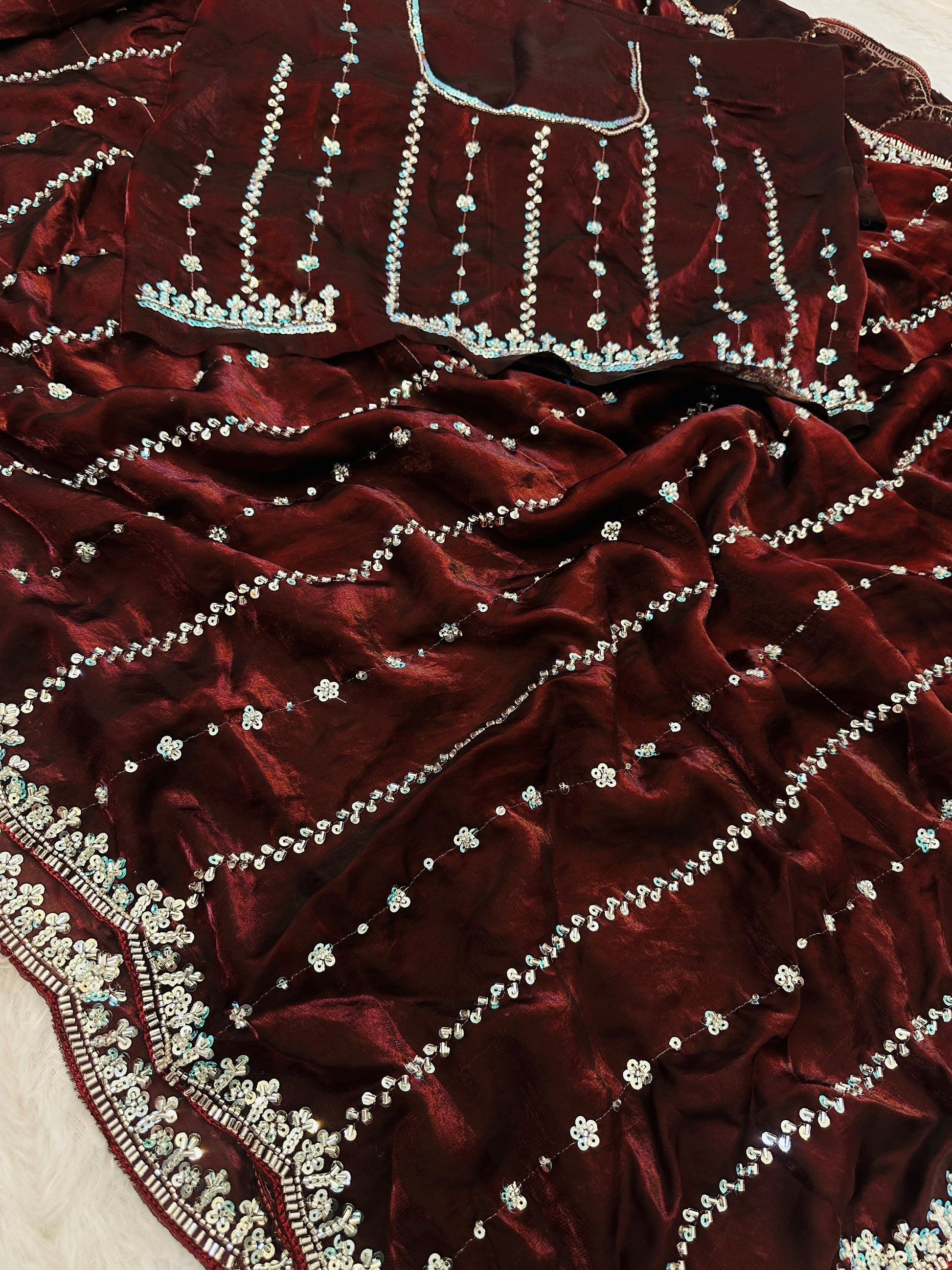 Outstanding Brown Sequins Satin Function Wear Saree With Blouse