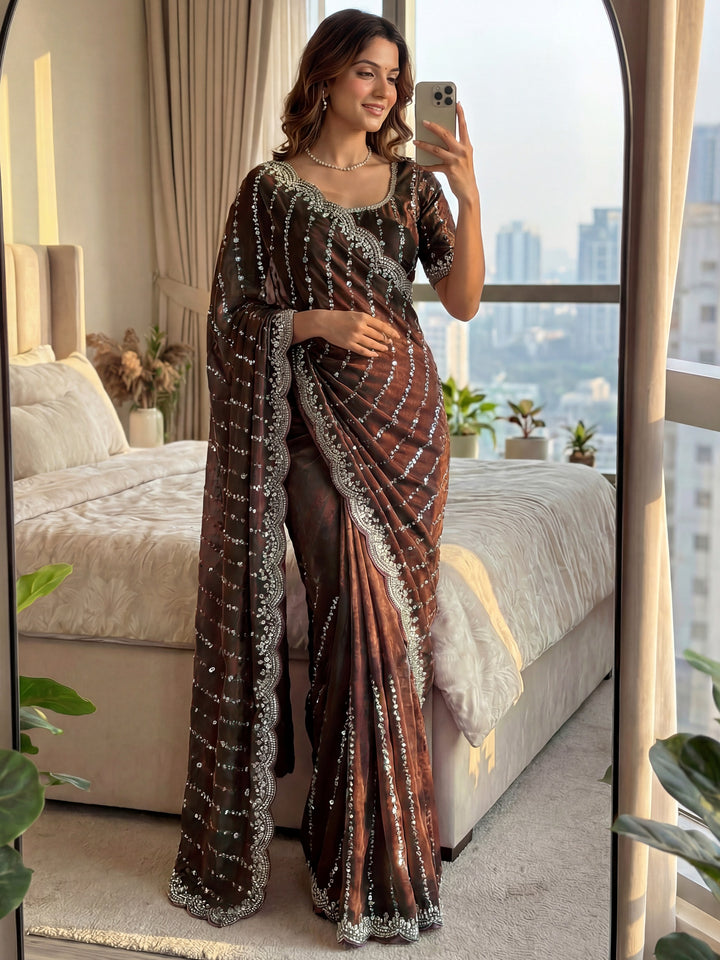 Outstanding Brown Sequins Satin Function Wear Saree With Blouse