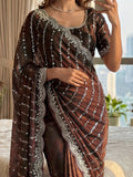 Outstanding Brown Sequins Satin Function Wear Saree With Blouse