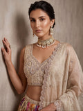 Glamorous Cream Embroidered Tissue Wedding Wear Lehenga Choli With Dupatta
