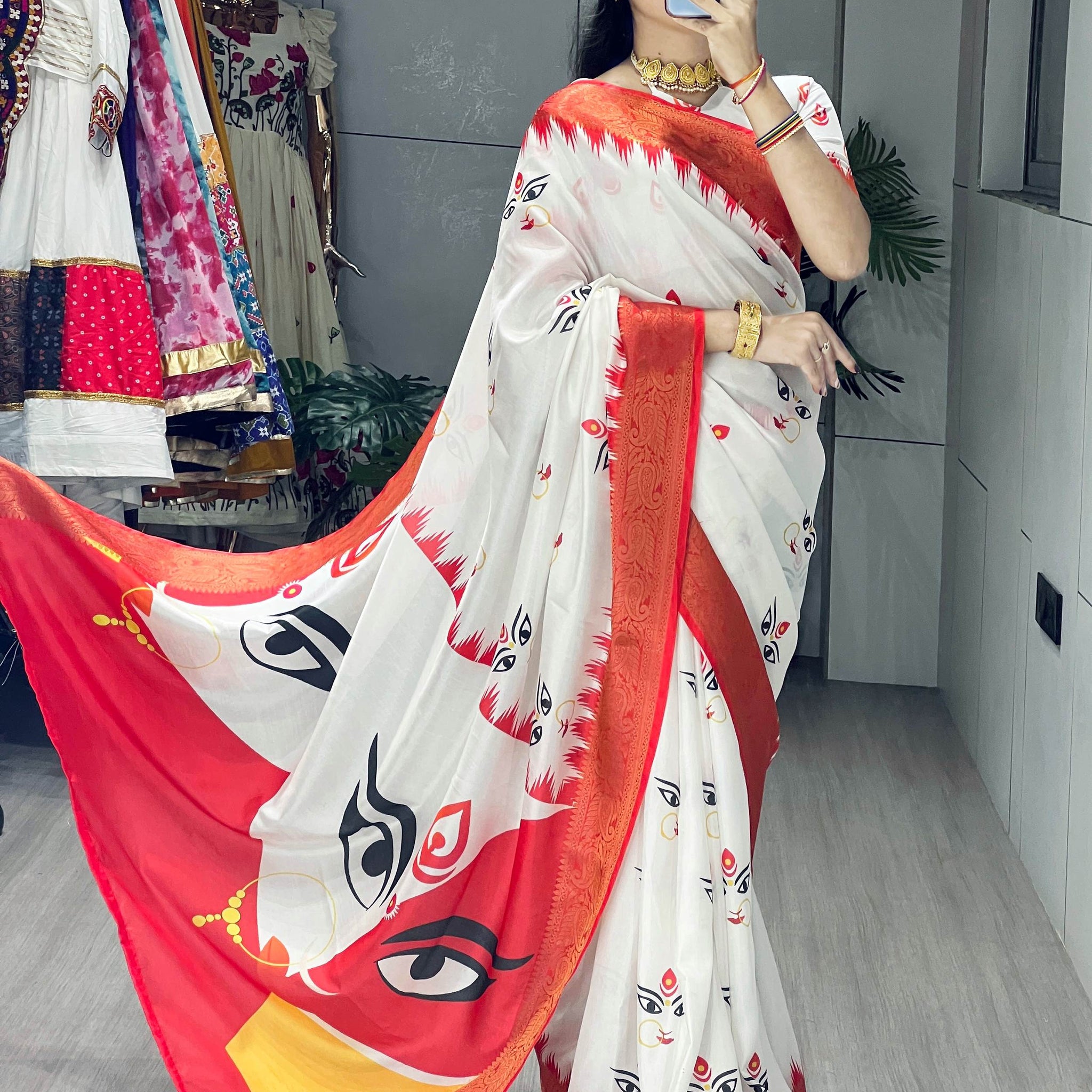 Classic White Printed Silk Festive Wear Saree With Blouse