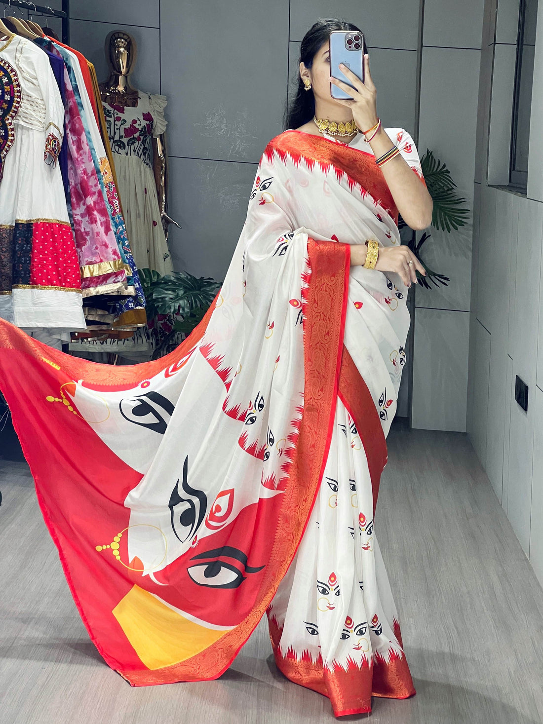 Classic White Printed Silk Festive Wear Saree With Blouse