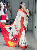 Classic White Printed Silk Festive Wear Saree With Blouse