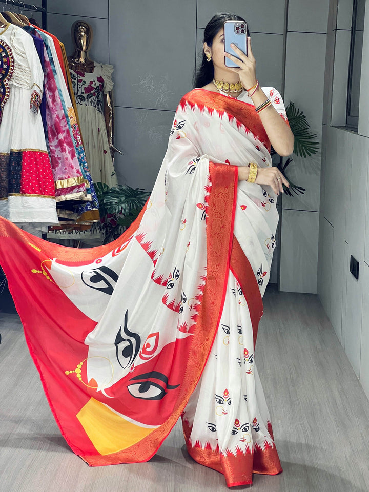 Classic White Printed Silk Festive Wear Saree With Blouse