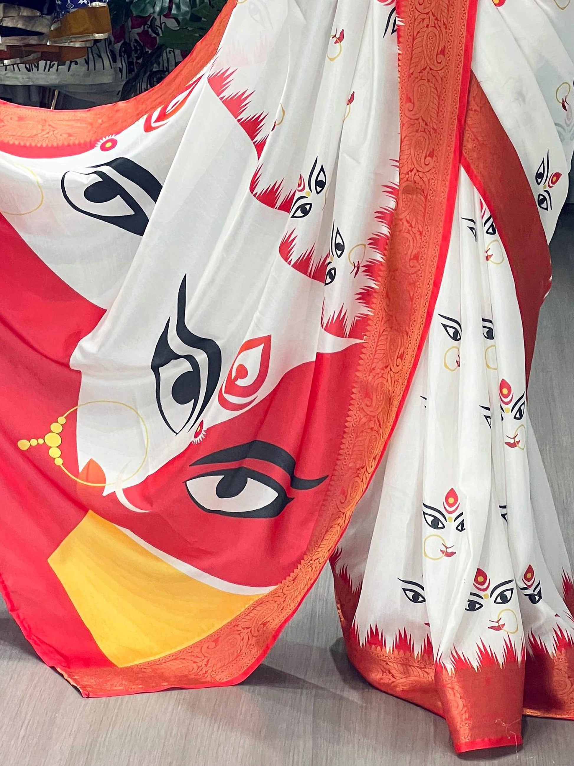 Classic White Printed Silk Festive Wear Saree With Blouse