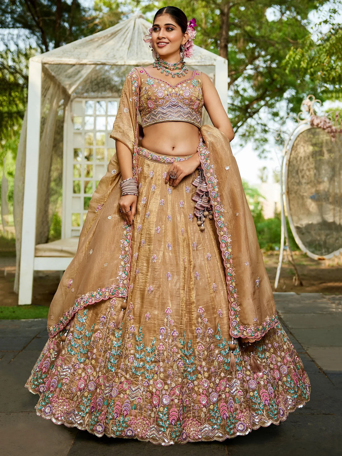 Capricious Beige Thread Work Tissue Silk Wedding Wear Lehenga Choli - Zeel Clothing