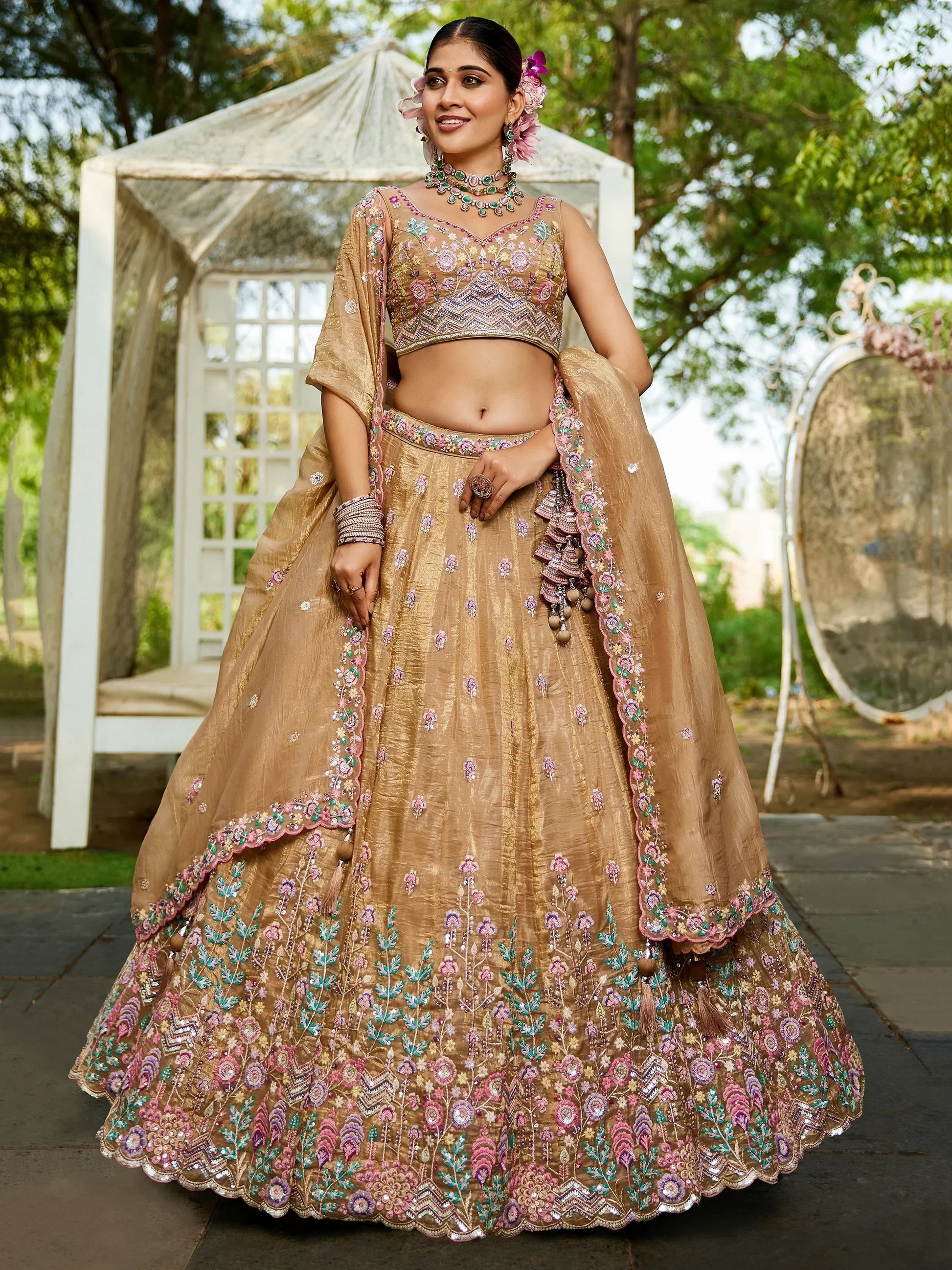 Capricious Beige Thread Work Tissue Silk Wedding Wear Lehenga Choli - Zeel Clothing