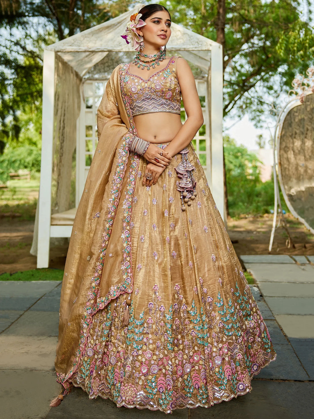 Capricious Beige Thread Work Tissue Silk Wedding Wear Lehenga Choli - Zeel Clothing