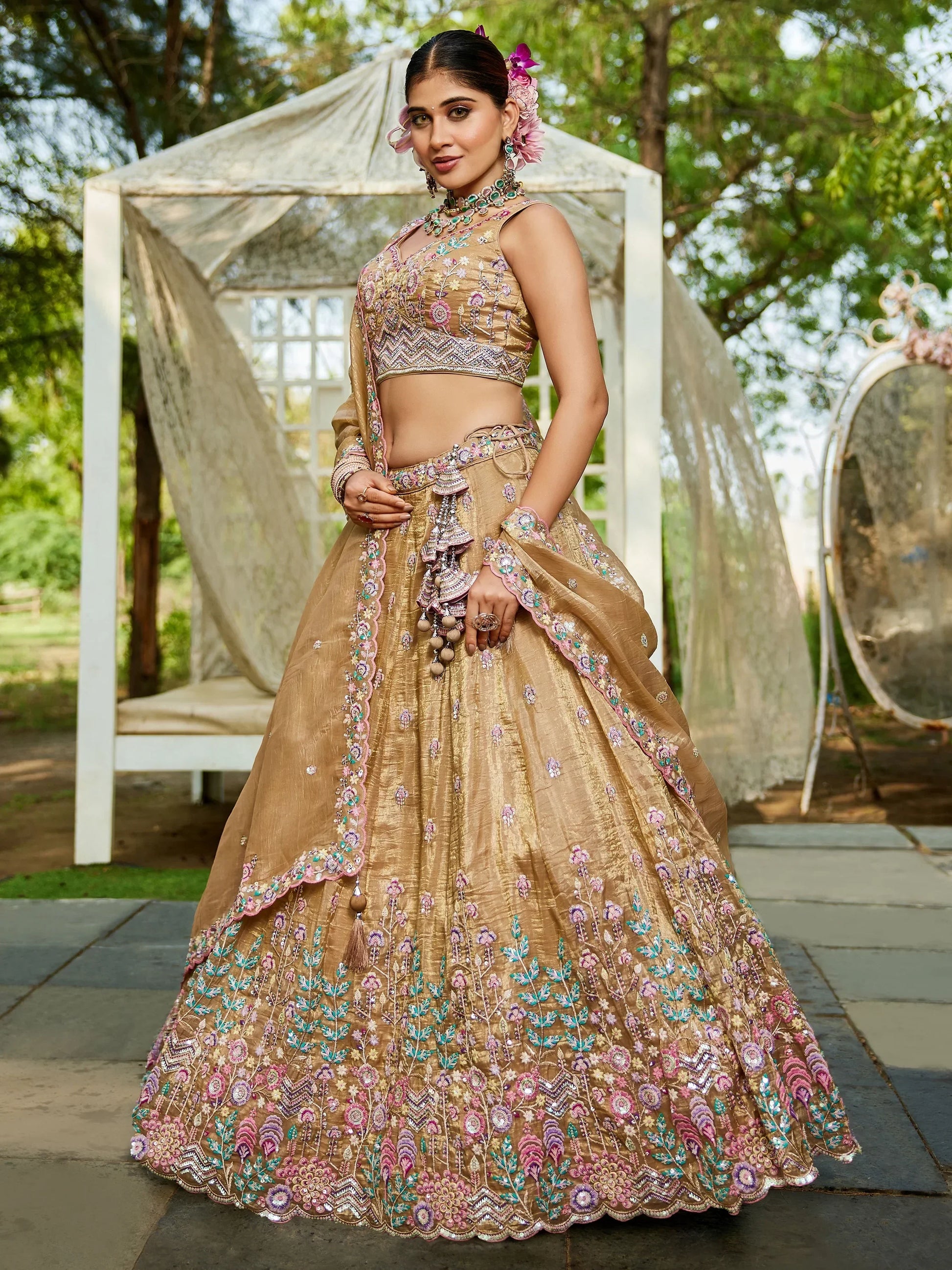 Capricious Beige Thread Work Tissue Silk Wedding Wear Lehenga Choli - Zeel Clothing