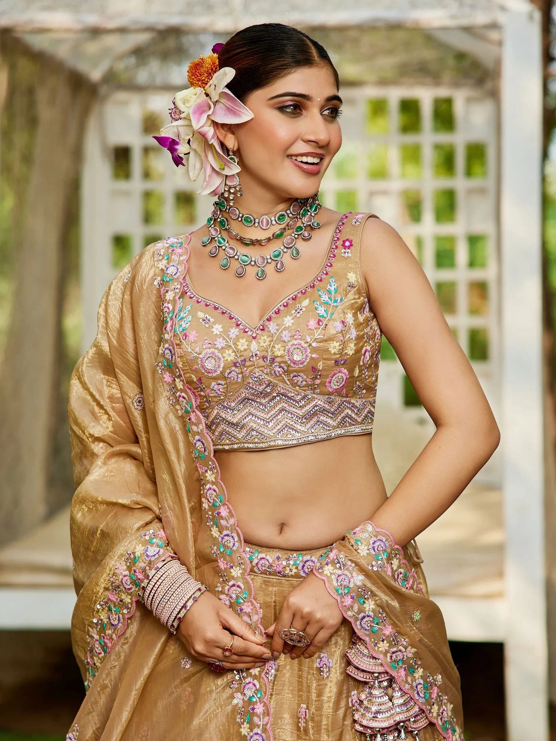 Capricious Beige Thread Work Tissue Silk Wedding Wear Lehenga Choli - Zeel Clothing