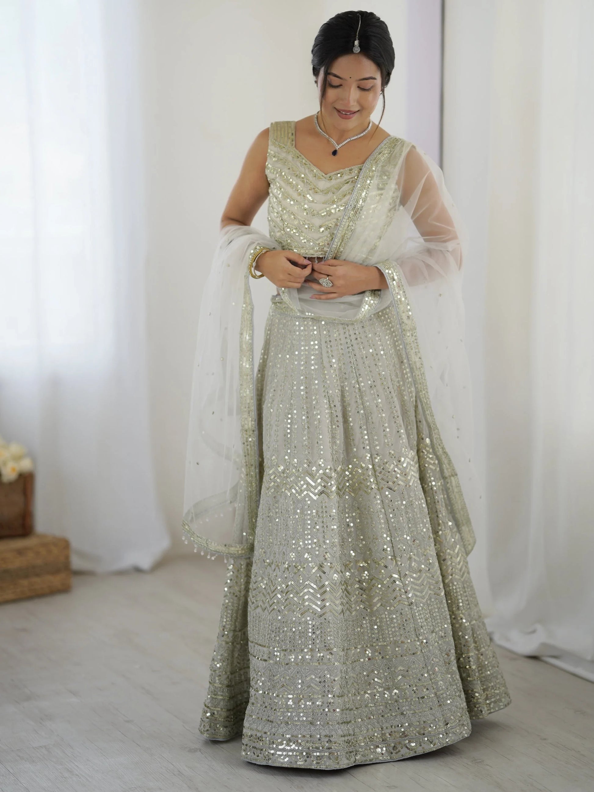 Capricious Grey Dori Work Georgette Wedding Wear Lehenga With Blouse - Zeel Clothing