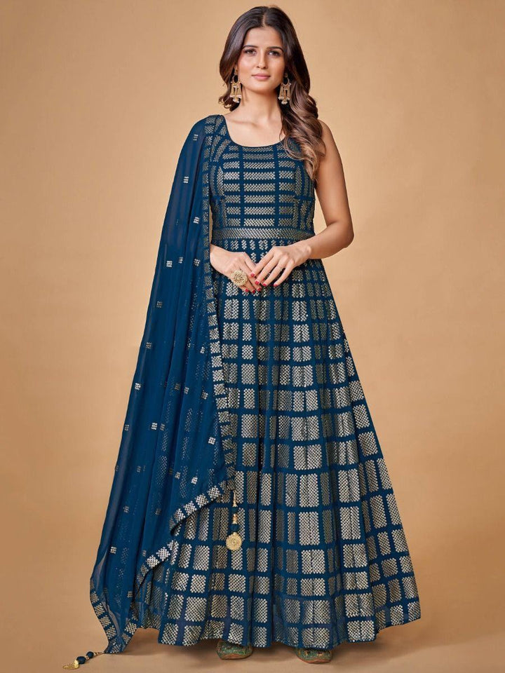 Capricious Navy Blue Sequins Embroidered Georgette Ready-Made Gown