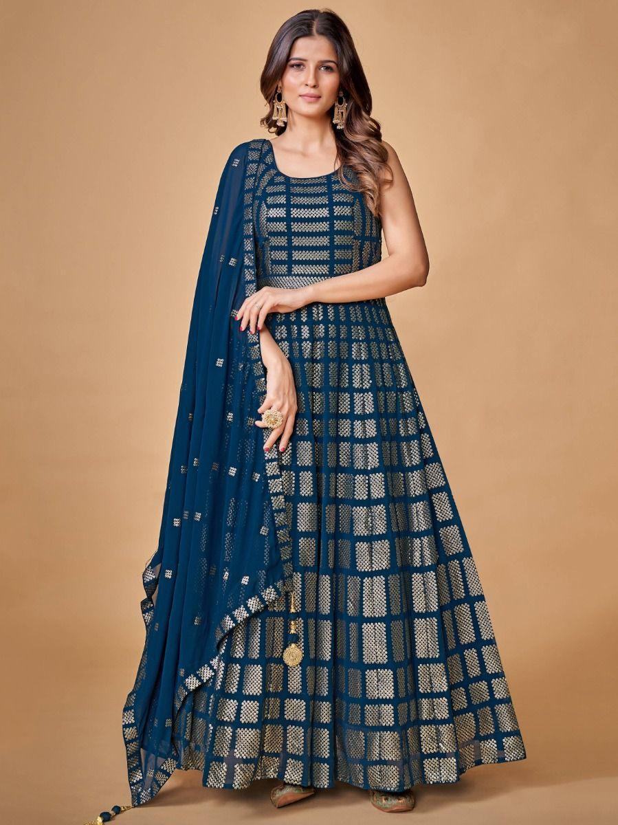 Capricious Navy Blue Sequins Embroidered Georgette Ready-Made Gown