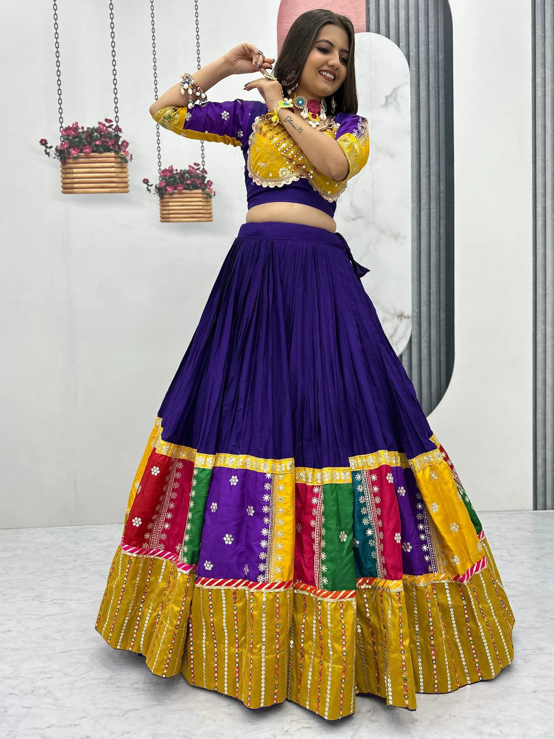 Capricious Purple Thread Embroidered Cotton Navratri Special Lehenga Choli - Zeel Clothing