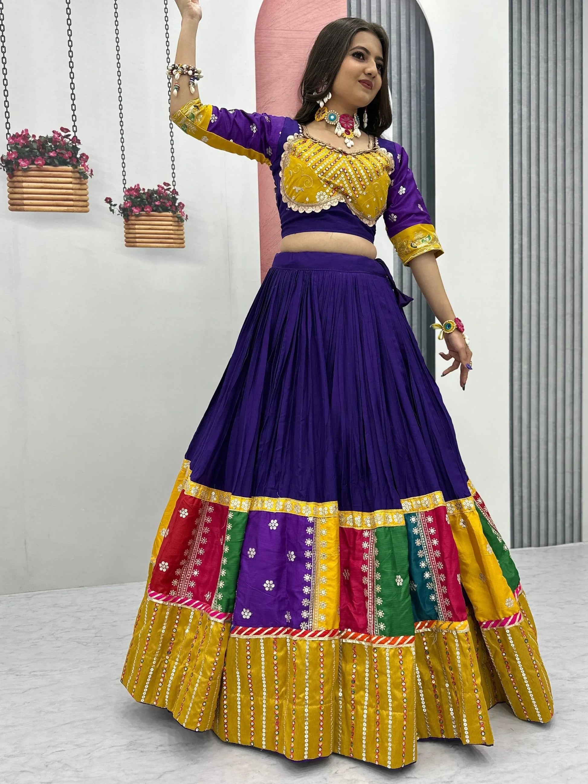 Capricious Purple Thread Embroidered Cotton Navratri Special Lehenga Choli - Zeel Clothing