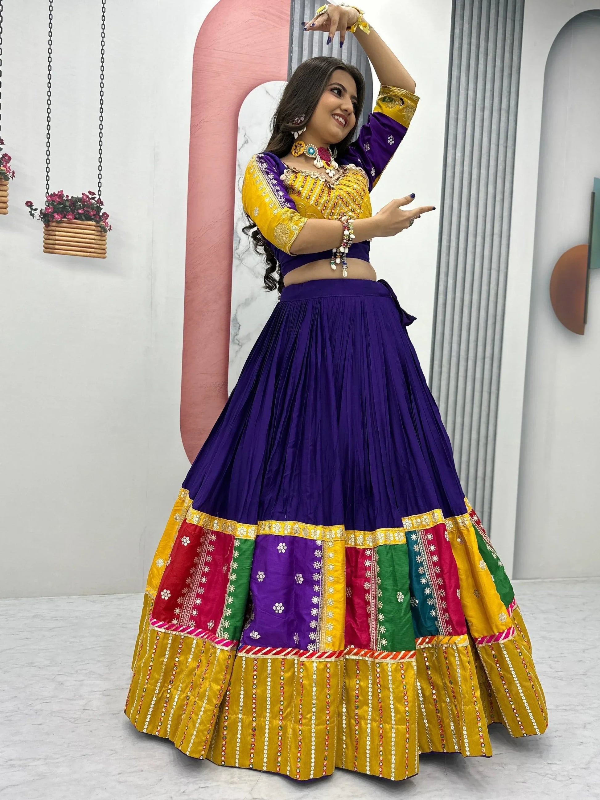 Capricious Purple Thread Embroidered Cotton Navratri Special Lehenga Choli - Zeel Clothing