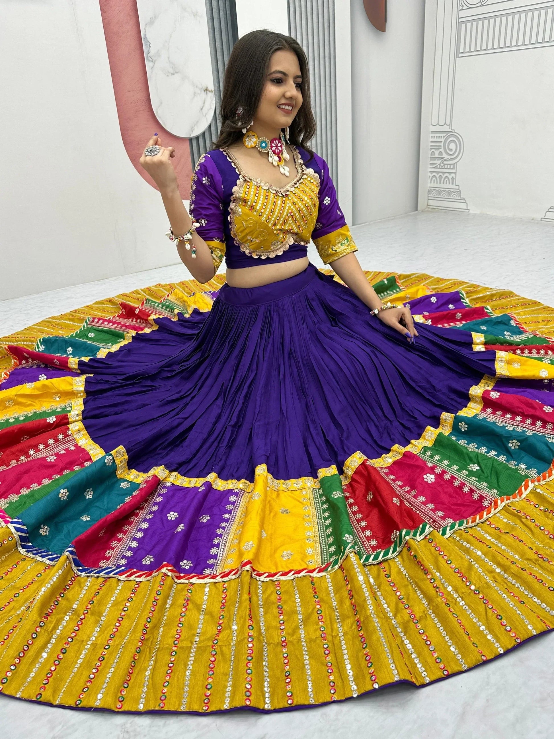 Capricious Purple Thread Embroidered Cotton Navratri Special Lehenga Choli - Zeel Clothing