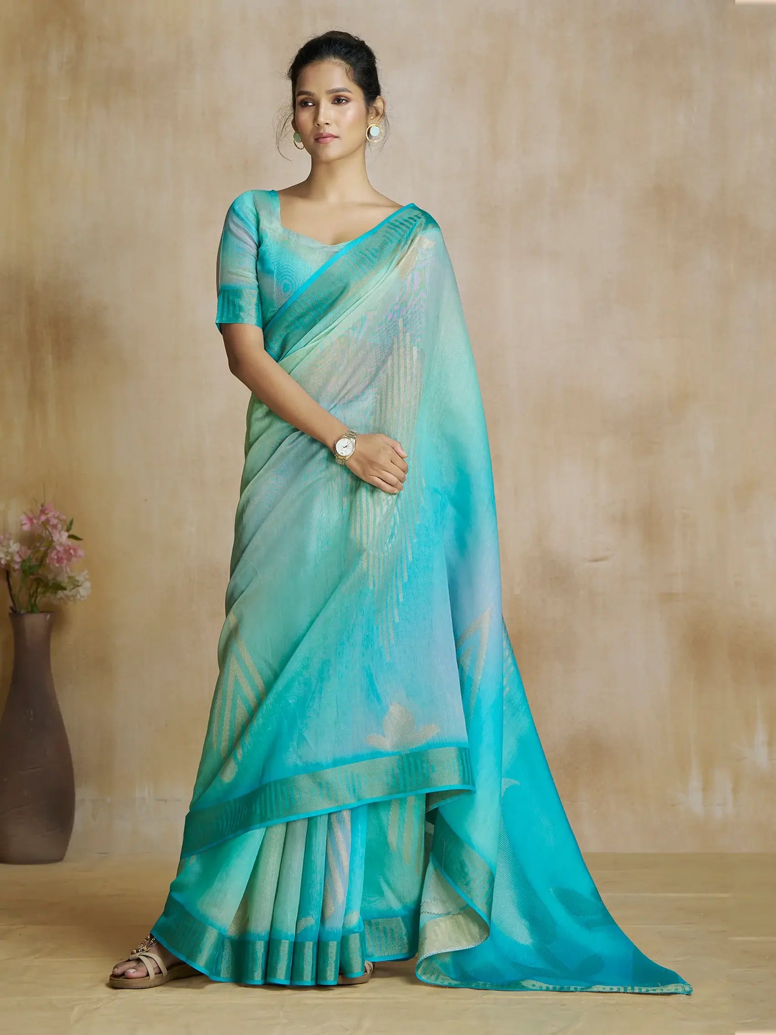Captivating Aqua Blue Digital Printed Silk Casual Wear Saree With Blouse - Zeel Clothing