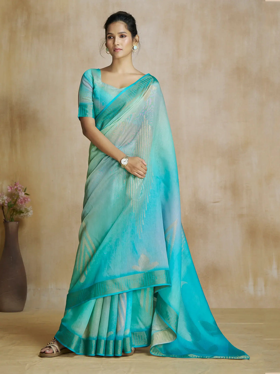 Captivating Aqua Blue Digital Printed Silk Casual Wear Saree With Blouse - Zeel Clothing