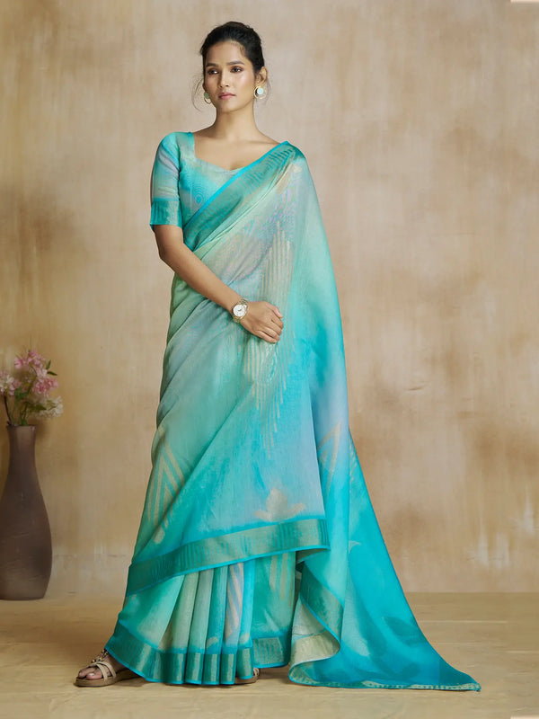 Captivating Aqua Blue Digital Printed Silk Casual Wear Saree With Blouse - Zeel Clothing