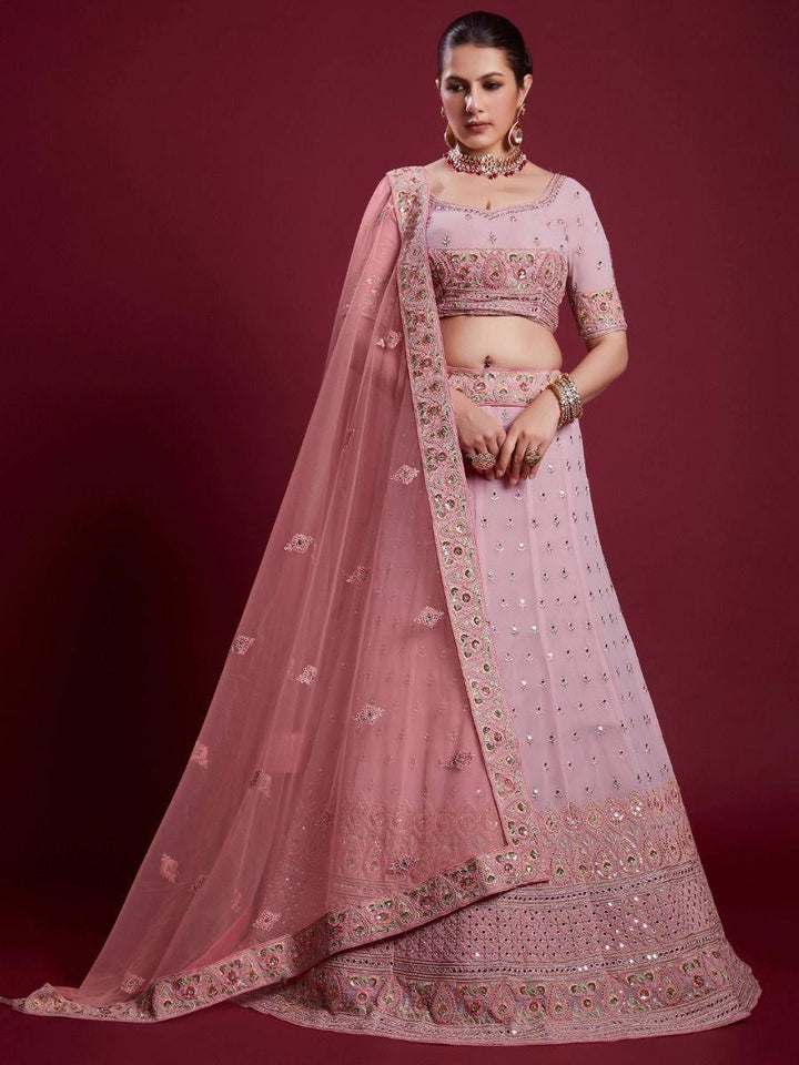 Captivating Baby Pink Embroidered Georgette Wedding Wear Lehenga Choli