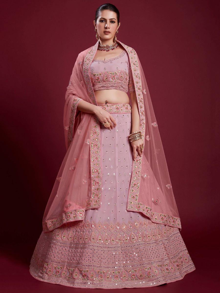 Captivating Baby Pink Embroidered Georgette Wedding Wear Lehenga Choli