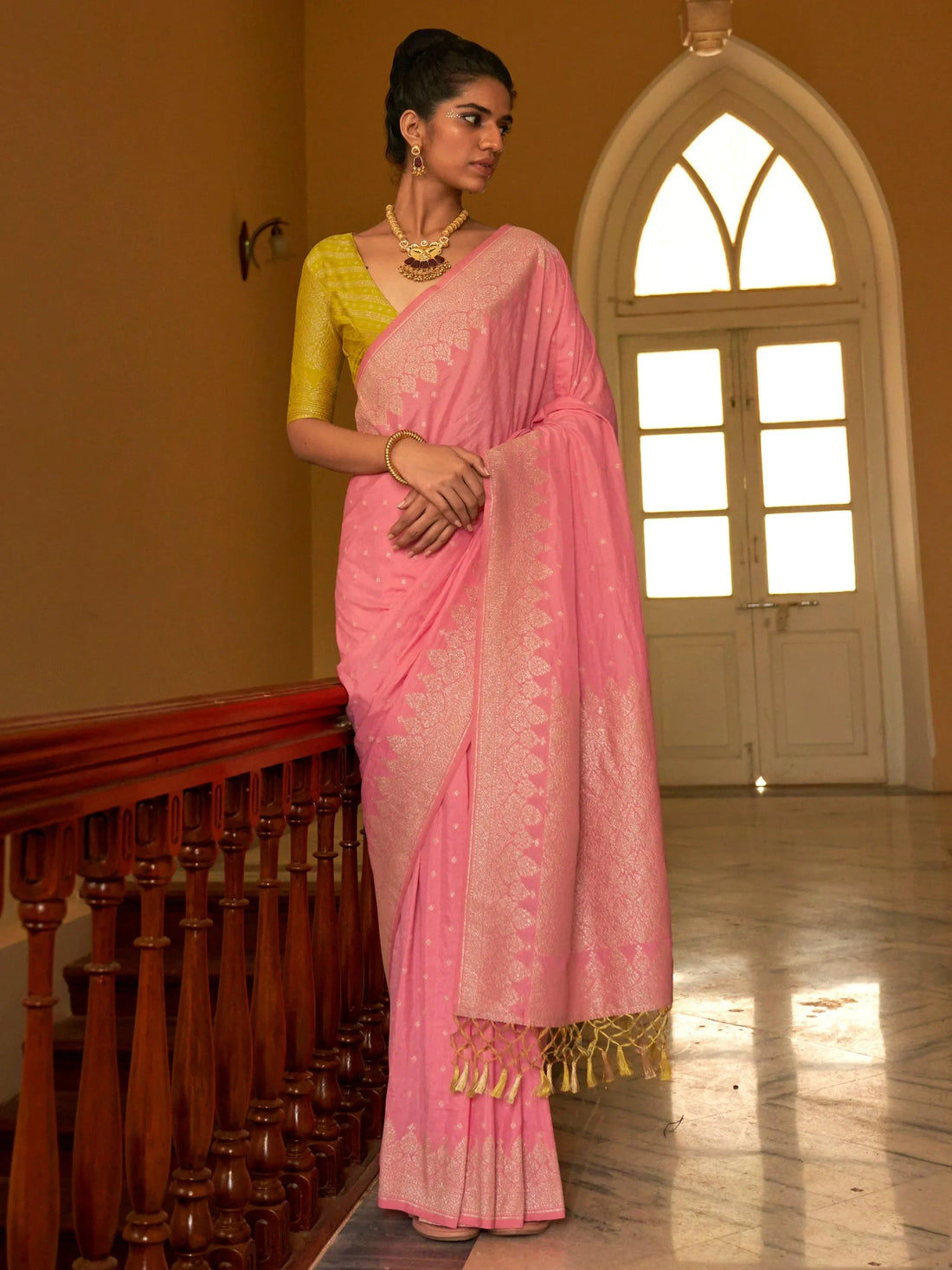 Captivating Baby Pink Weaving Silk Traditional Saree With Blouse