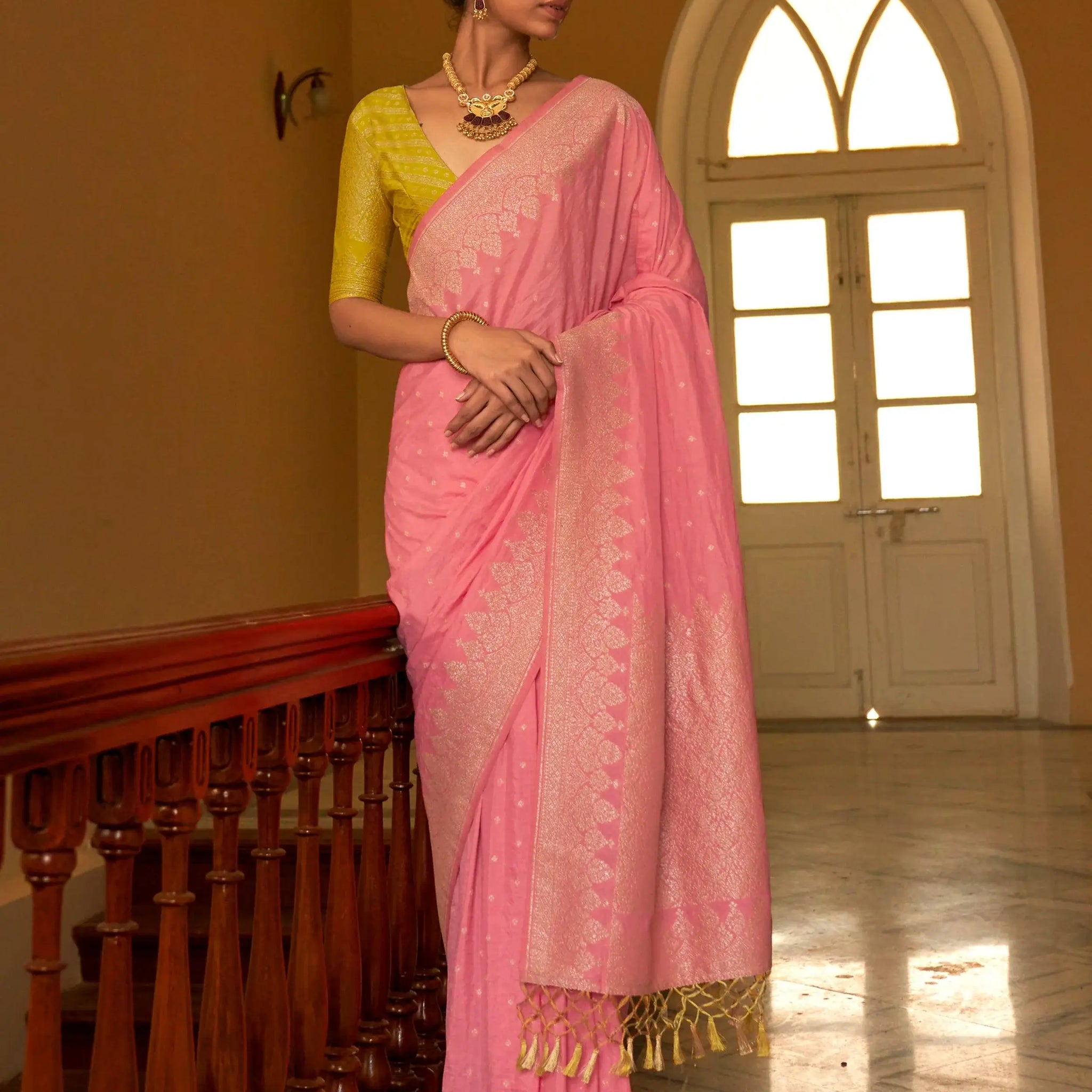 Captivating Baby Pink Weaving Silk Traditional Saree With Blouse - Zeel Clothing