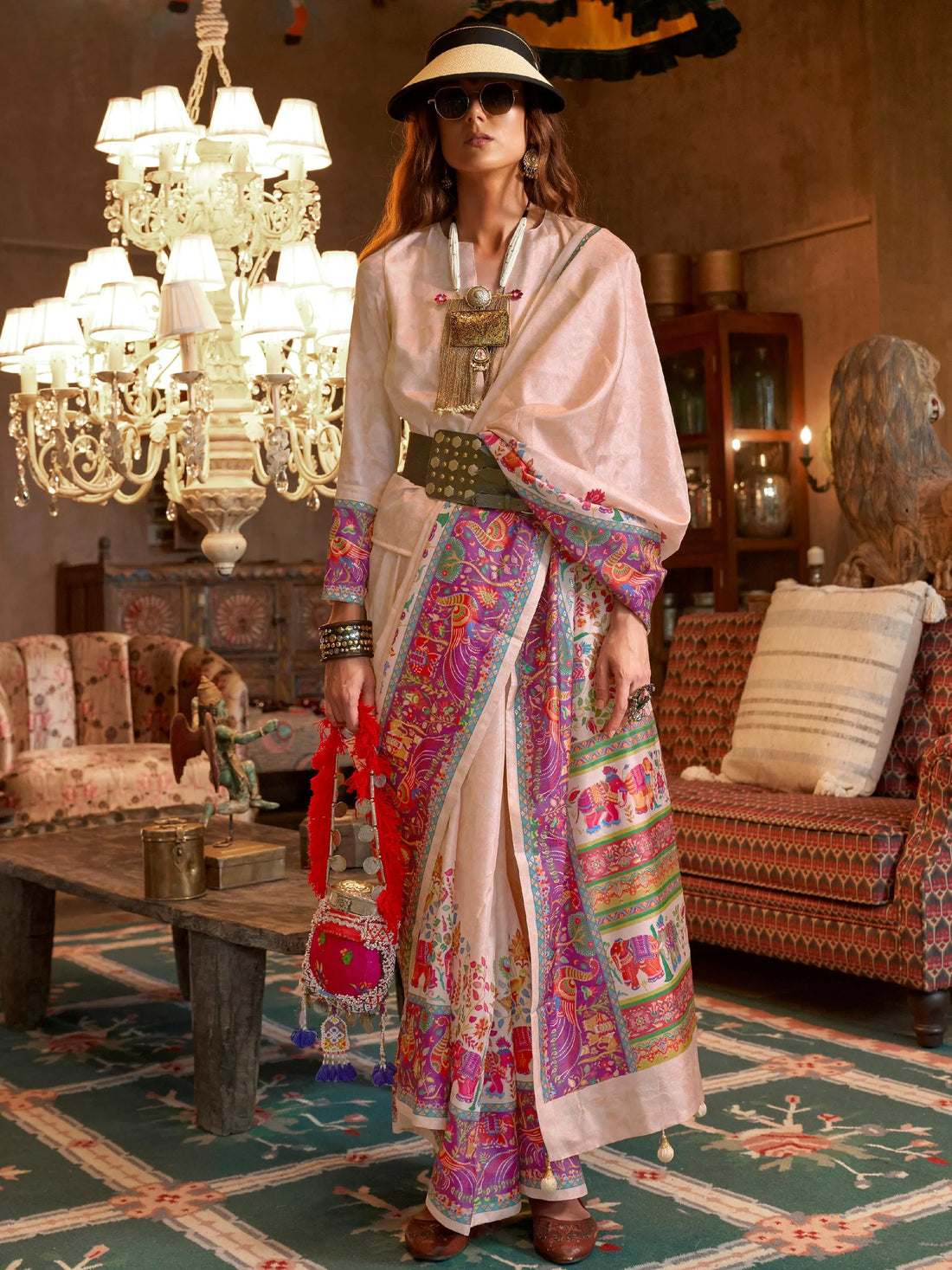 Captivating Beige Digital Printed Silk Event Wear Saree With Blouse