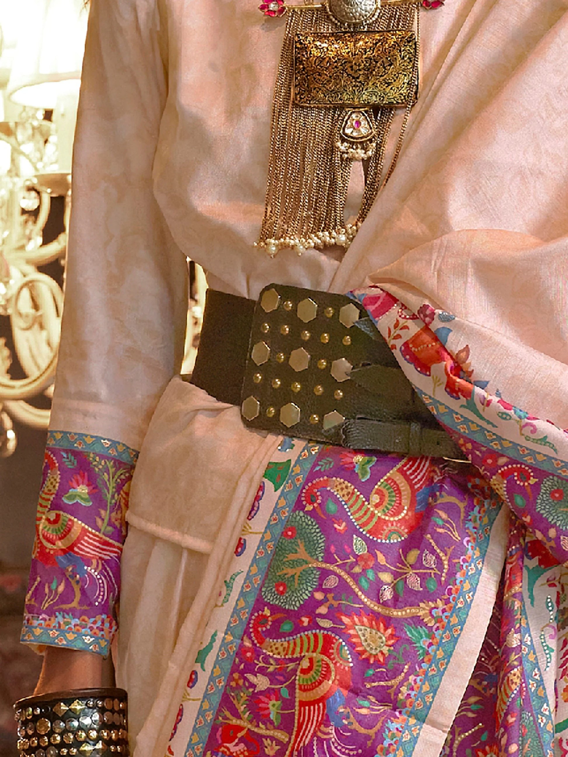 Captivating Beige Digital Printed Silk Event Wear Saree With Blouse