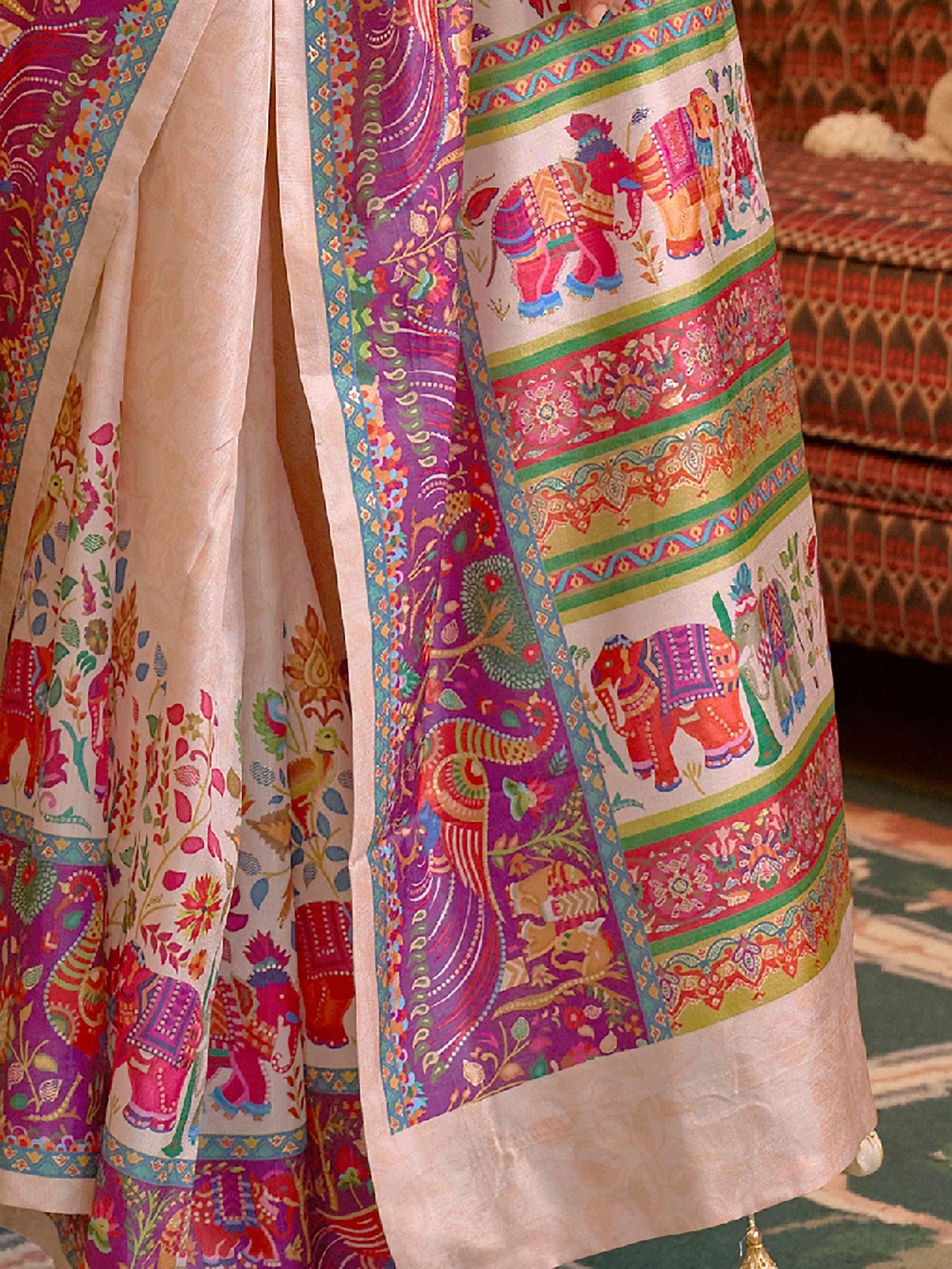 Captivating Beige Digital Printed Silk Event Wear Saree With Blouse