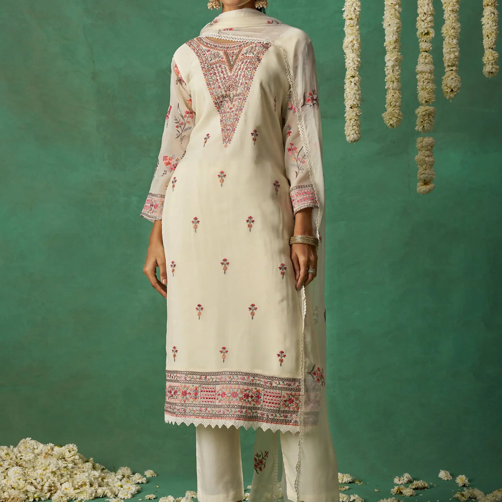 Captivating Beige Embroidered Organza Festive Wear Pant Suit with Dupatta - Zeel Clothing