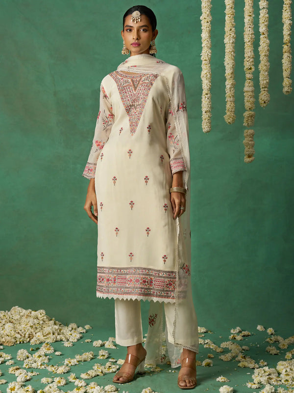 Captivating Beige Embroidered Organza Festive Wear Pant Suit with Dupatta - Zeel Clothing