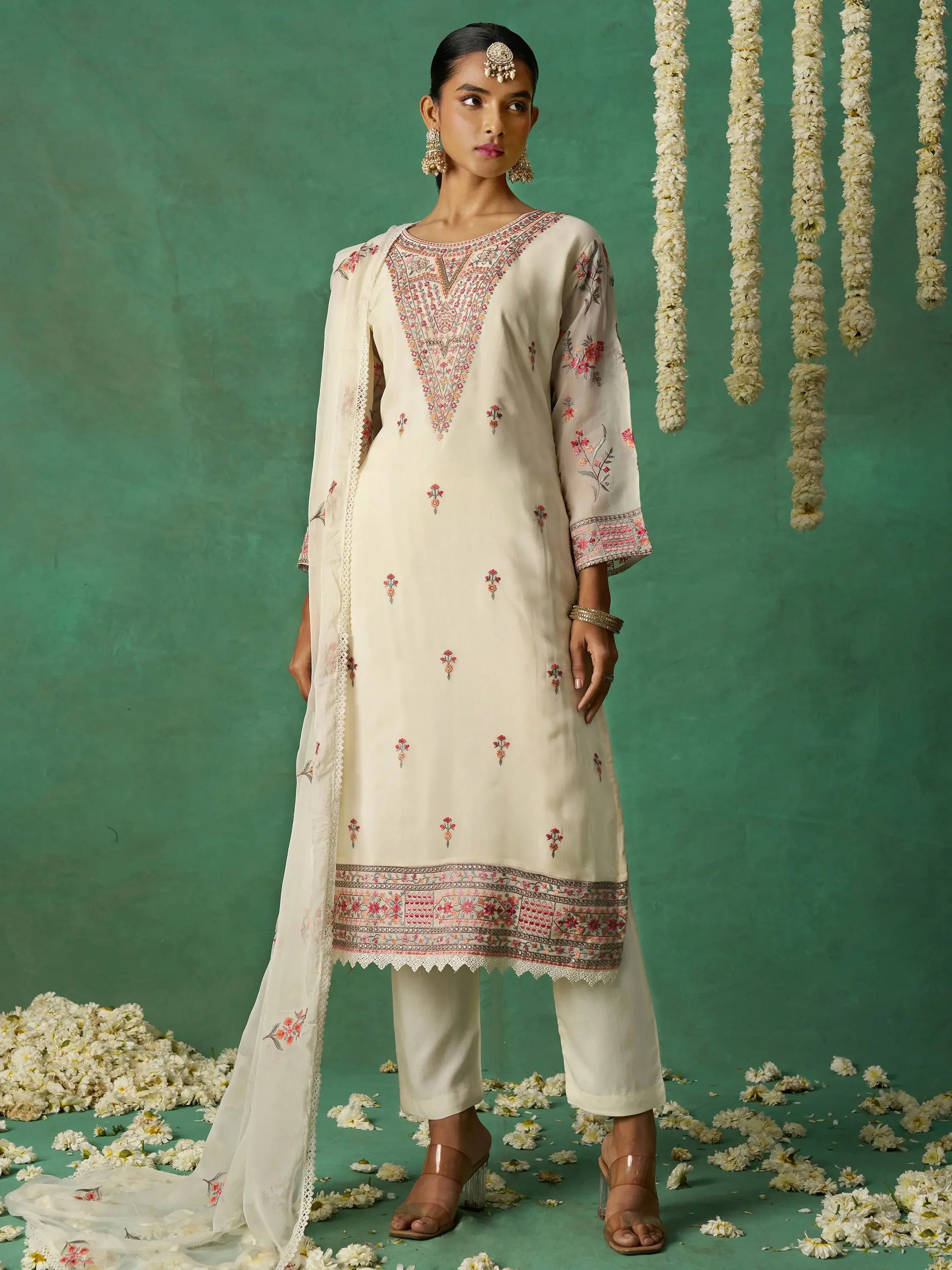 Captivating Beige Embroidered Organza Festive Wear Pant Suit with Dupatta - Zeel Clothing