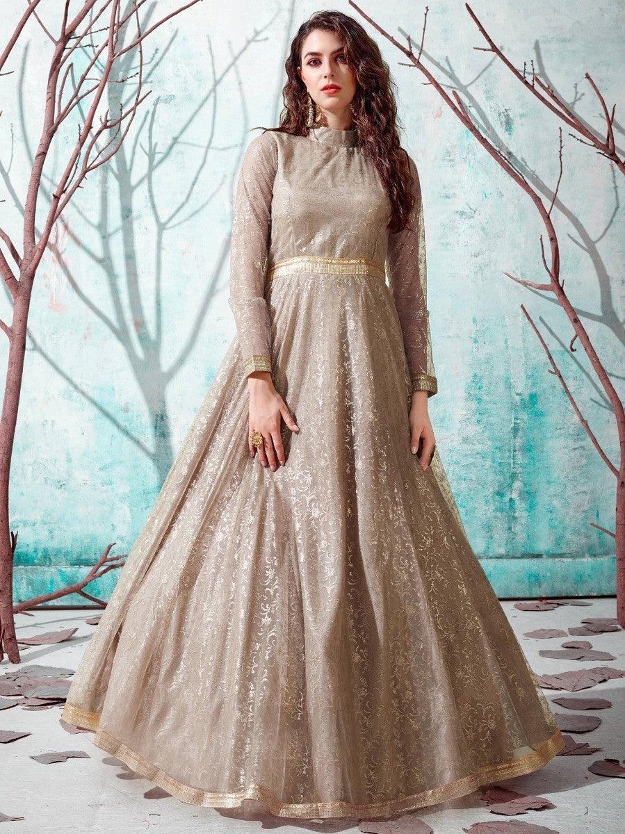 Elegant gold embroidered anarkali gown with sheer sleeves, perfect for festive occasions and parties
