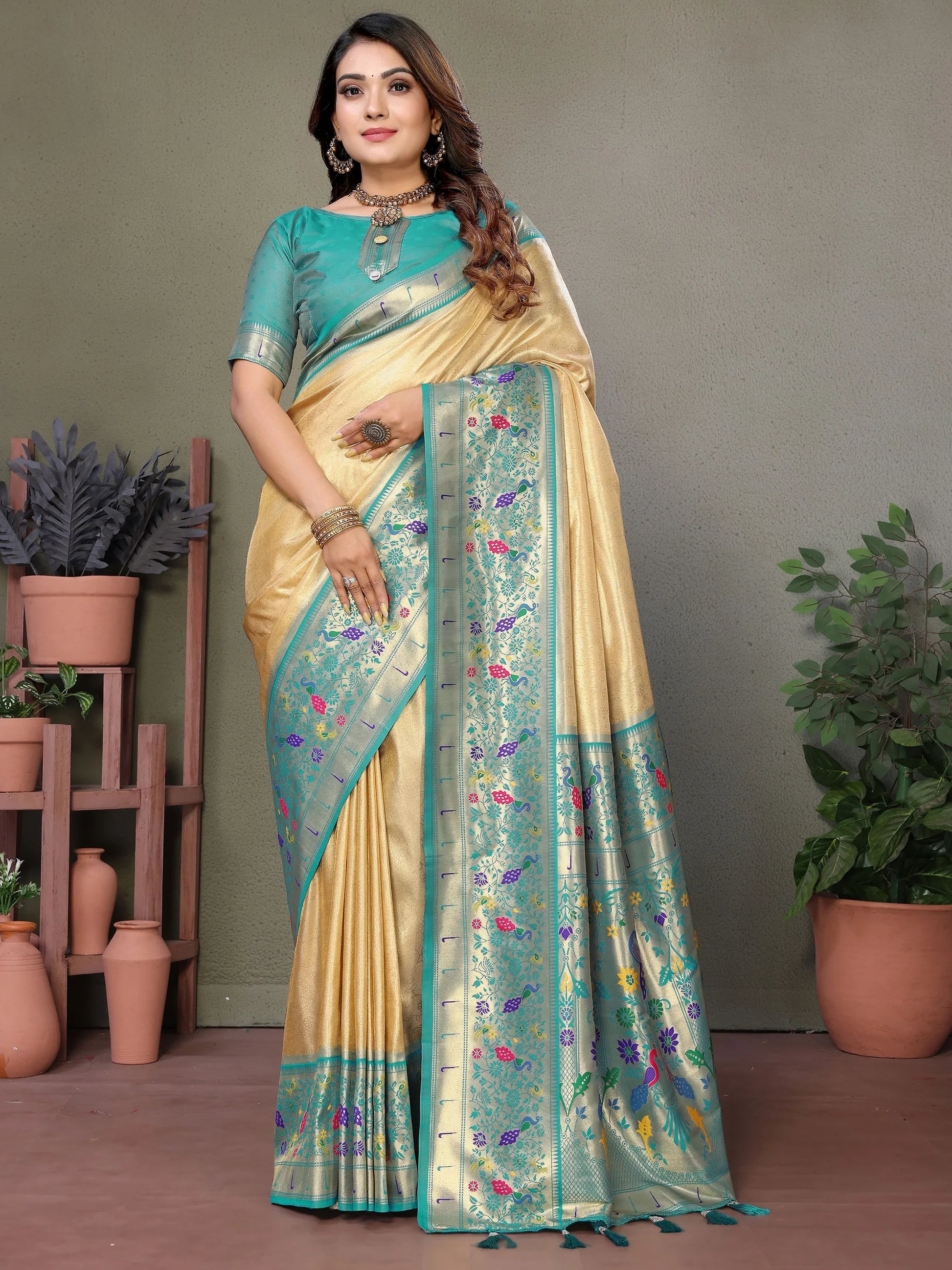 Captivating Beige Zari Weaving Banarasi Silk Festive Wear Saree With Blouse - Zeel Clothing