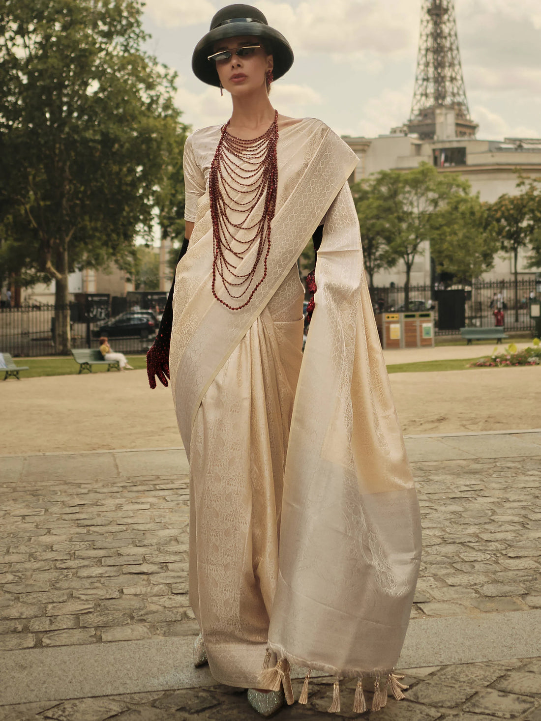 Captivating Beige Zari Woven Satin Festive Wear Saree With Blouse - Zeel Clothing