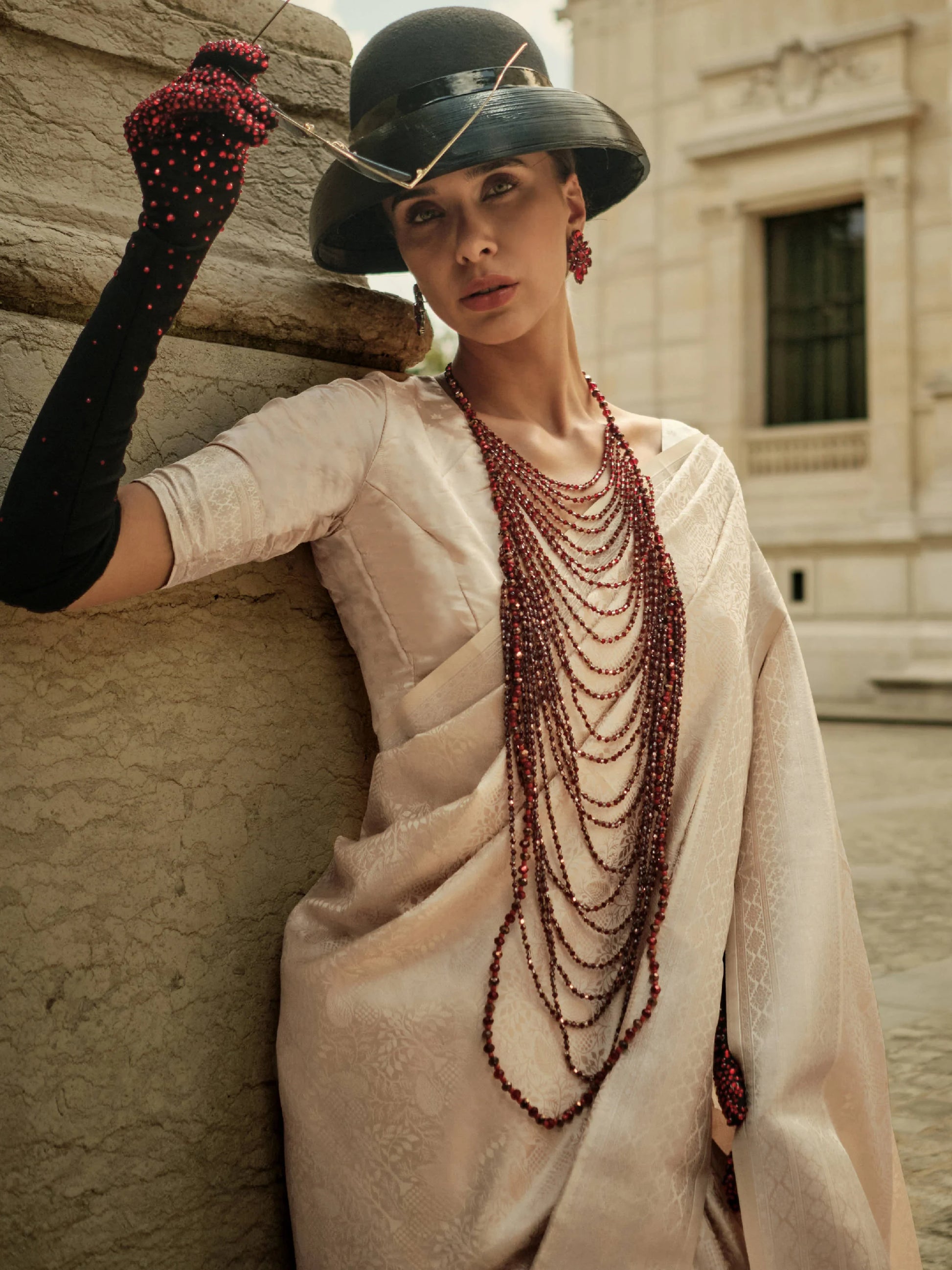 Captivating Beige Zari Woven Satin Festive Wear Saree With Blouse - Zeel Clothing