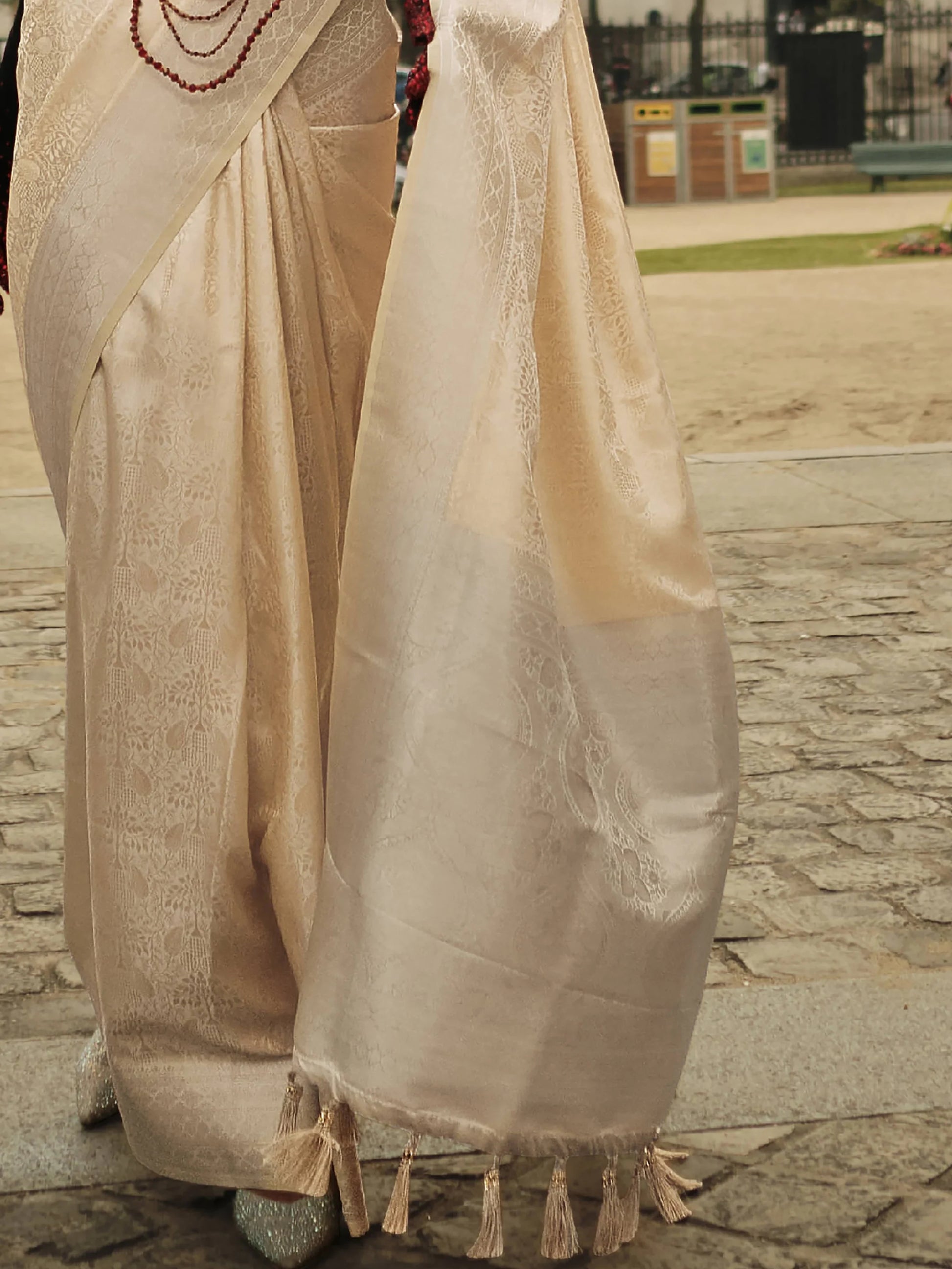 Captivating Beige Zari Woven Satin Festive Wear Saree With Blouse - Zeel Clothing