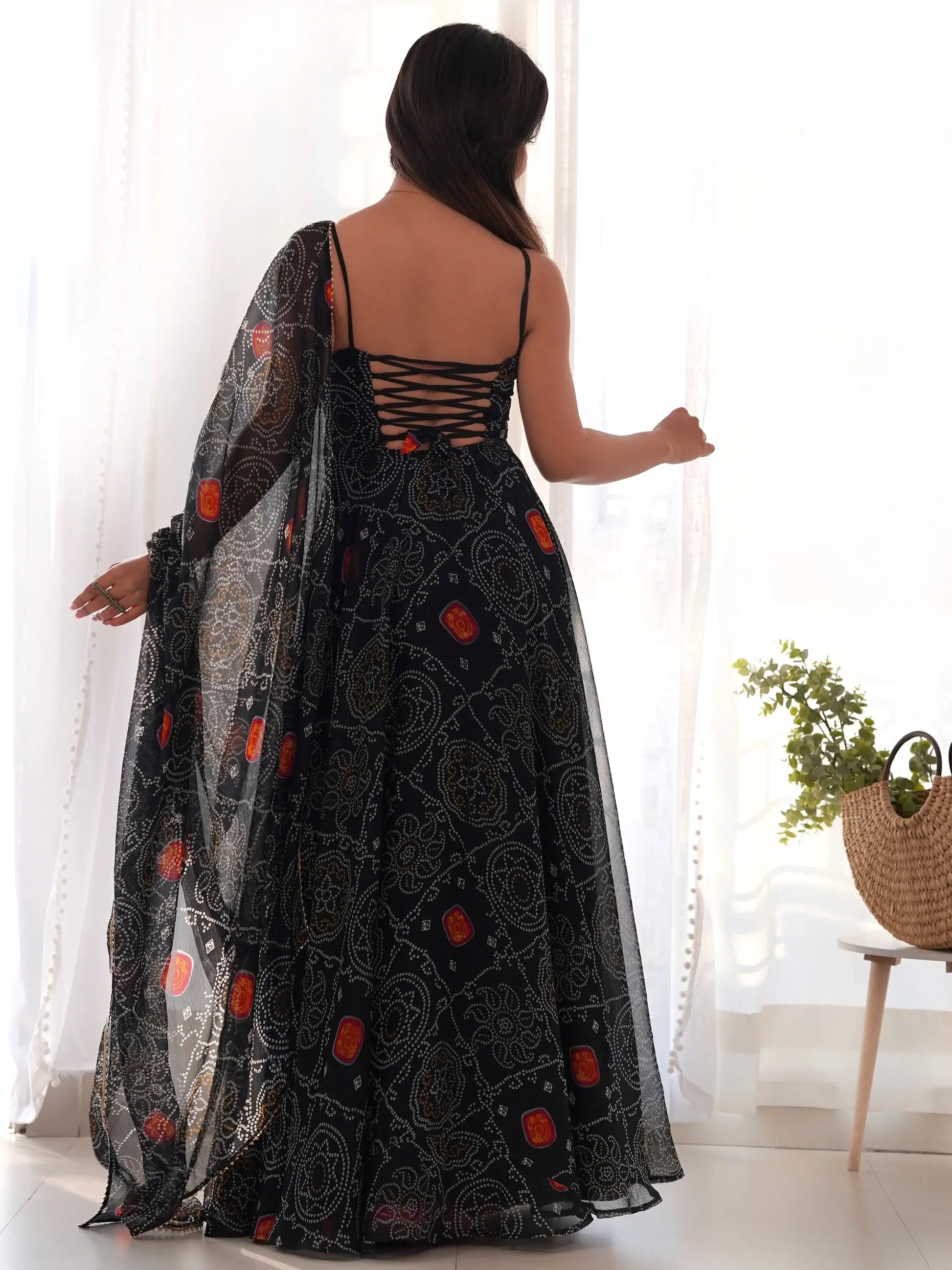 Captivating Black Bandhani Printed Chiffon Gown With Dupatta - Zeel Clothing